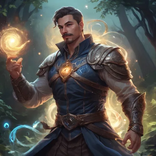 Prompt: (Full body) male stocky young muscular cleric with short-cut hair and a mustache, casting a swirly astral-spell, in nature at night pathfinder, d&d setting, in a realistic digital art style