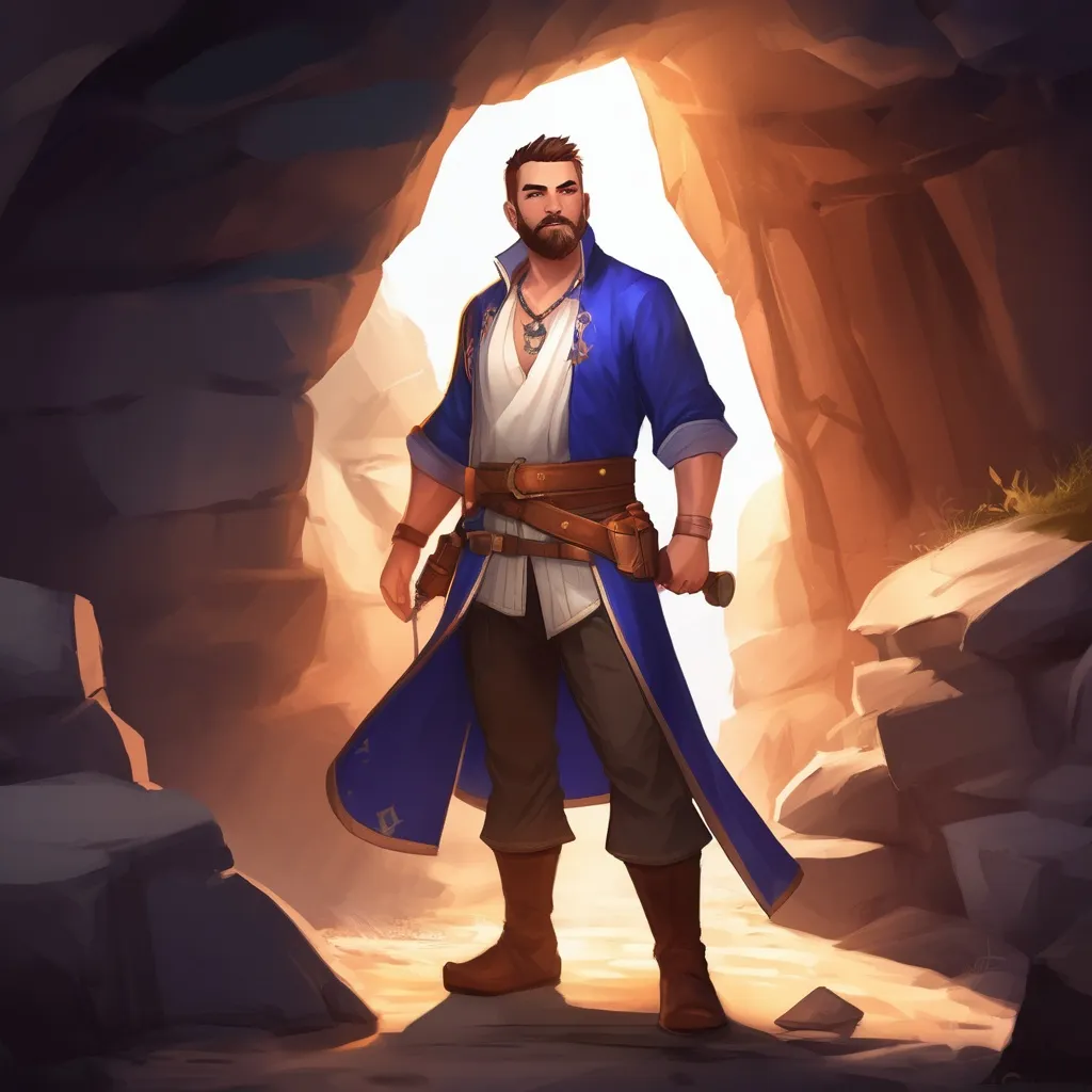 Prompt: (Full body) male stocky magical balance-mage with short hair and beard, open shirt, in a underground cave, pathfinder, d&d setting, in a realistic digital art style