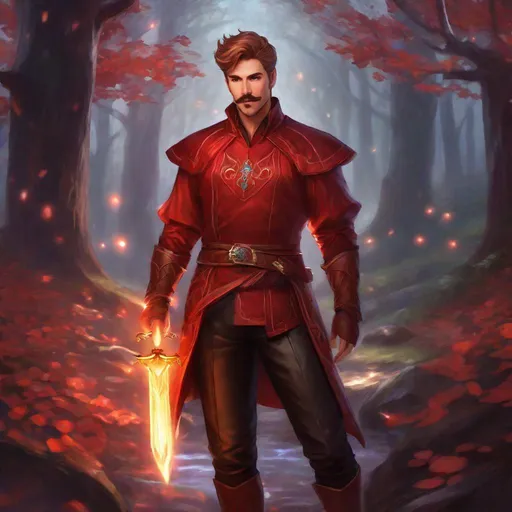 Prompt: (Full body) A male red mage with short cut hair with a mustache and stubble manly face, pathfinger, magic swirl, leather pants, holding magic, dungeons and dragons, brown boots, fantasy setting, standing in a forest glade at night, in a painted style realistic art