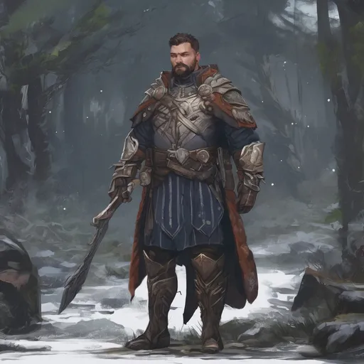 Prompt: (Full body) male stocky big-chested noble dragoon with striped short hair and beard, in nature at night, pathfinder, d&d setting, in a realistic digital art style