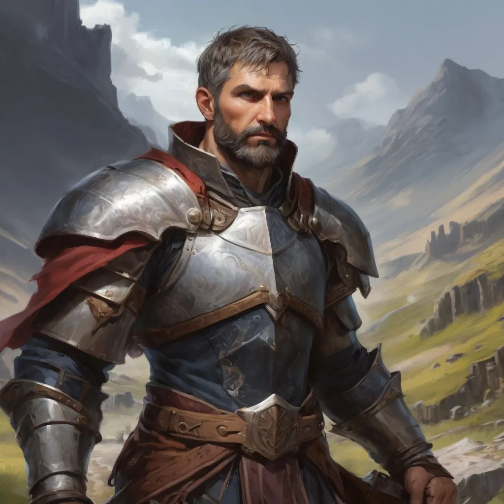 Prompt: Male heavy-set mature muscular holy-knight with short-cut hair and beard, in a windy valley in a battle, pathfinder, d&d setting, enhanced shadow quality