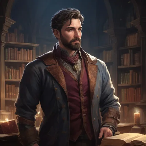 Prompt: Male stocky mature noble spy, with short hair and beard, in a dark library in a castle, pathfinder, d&d setting, in a realistic high quality digital art style, enhanced shadow quality, colorful