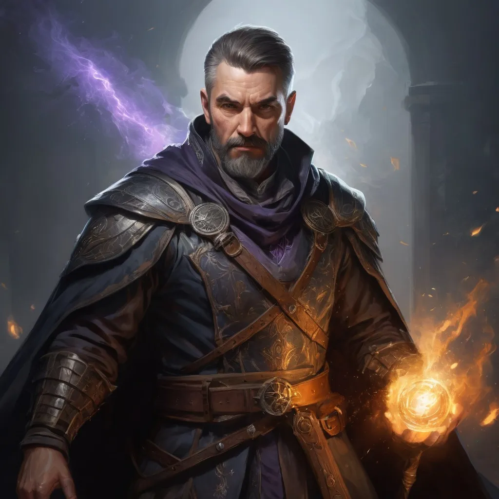 Prompt: Male stocky large mature fit warlock with short-cut hair and beard, engaged in combat casting a magical spell in a dark room, pathfinder, d&d setting, realistic high quality, enhanced shadow quality
