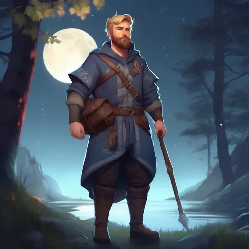 Prompt: (Full body) male stocky magical norwegian defender with short hair and beard, in nature at night, pathfinder, d&d setting, in a realistic digital art style