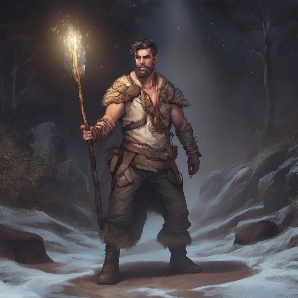 Prompt: (Full body) male stocky big-chested hairy-chested fantasy-ranger with short hair and beard, no shirt on, casting an nature spell, in nature at night, pathfinder, d&d setting, in a realistic digital art style