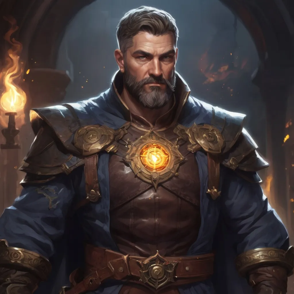 Prompt: (Torso) Male stocky large mature arcanist with short-cut hair and beard, exploring a dark dimention, surrounded by bright magic, pathfinder, d&d setting, enhanced shadow quality, colorful
