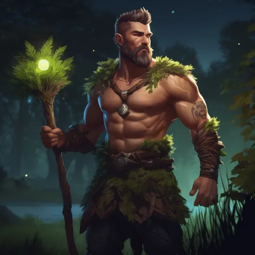 Prompt: (Full body) male muscular nature druid with short hair and beard, in nature at night, pathfinder, d&d setting, in a realistic digital art style