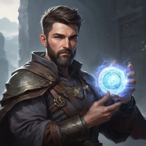 Prompt: Male heavy-set mature fit mystic with short-cut hair and beard, holding a magical portal-spell in hand, in a windy battlefield, pathfinder, d&d setting, enhanced shadow quality