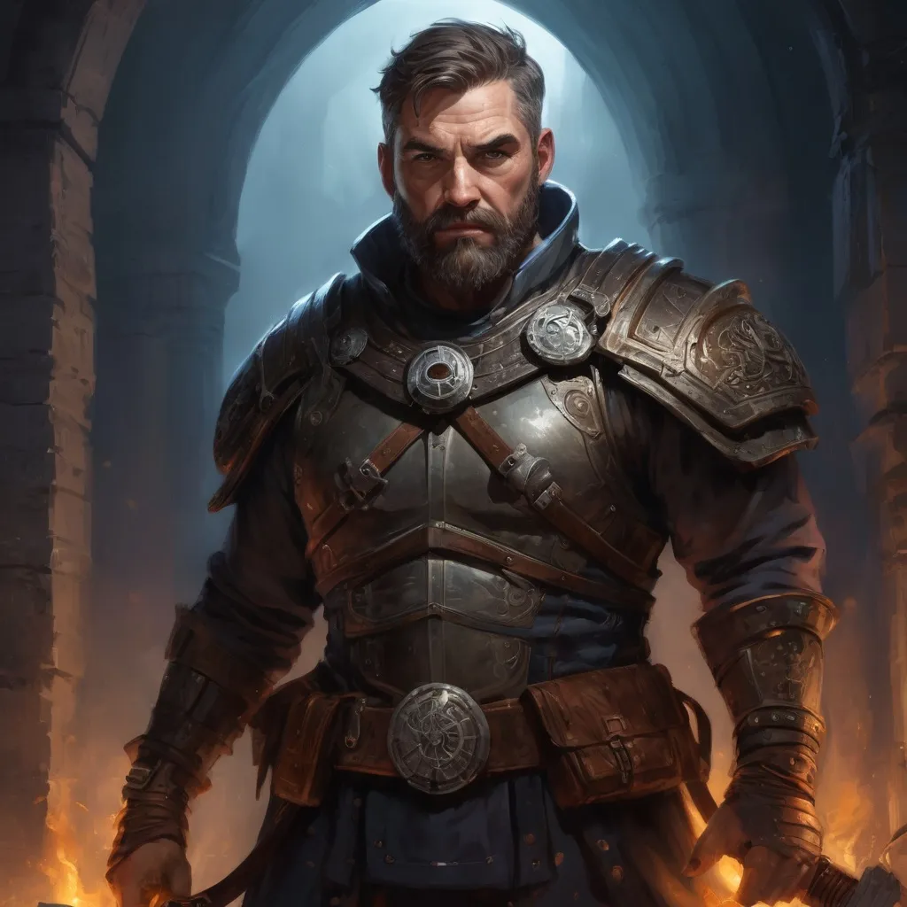 Prompt: Male stocky large mature warrior with short-cut hair and beard, exploring a dark astral cellar, pathfinder, d&d setting, realistic, enhanced shadow quality