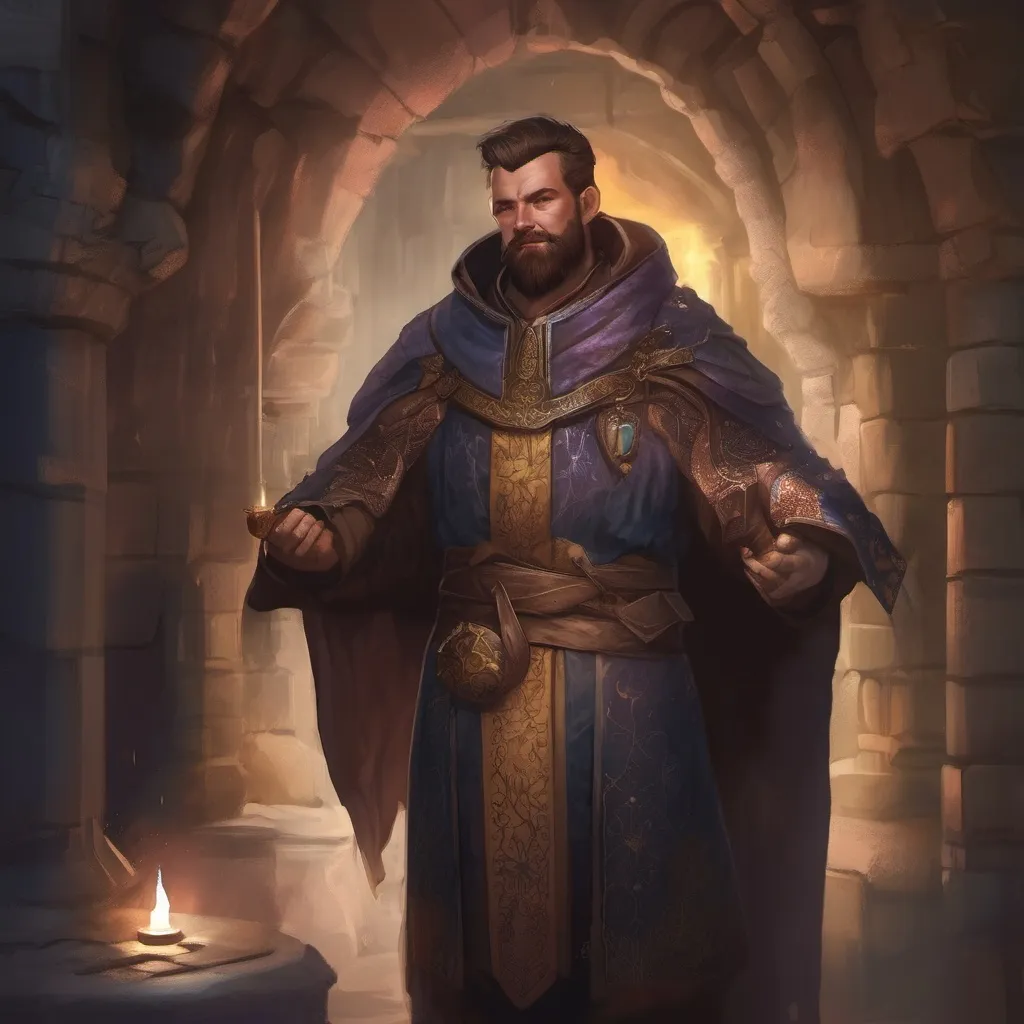 Prompt: (Full body) male stocky magus with short-cut hair and beard, in a dark magic temple dungeon, wearing magical noble robes, pathfinder, d&d setting, in a realistic digital art style