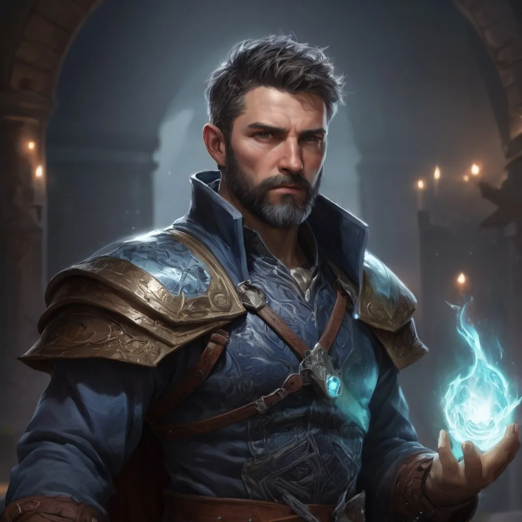 Prompt: (torso) Male stocky large mature fit battle-mage with short-cut hair and beard, engaged in combat casting a light-spell  nature, pathfinder, d&d setting, realistic, enhanced shadow quality