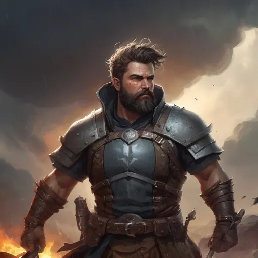 Prompt: Male stocky heavy-set large fat warrior with short-cut hair and beard, on a battlefield in a tornado, pathfinder, d&d setting, in a realistic high quality digital art style, enhanced shadow quality, colorful