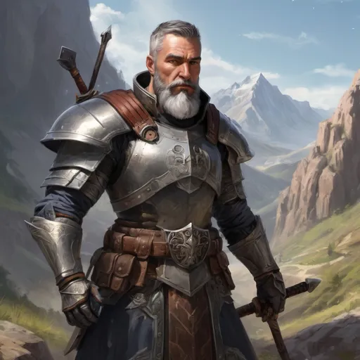 Prompt: Male heavy-set mature holy-knight with short-cut hair and beard, holding weapon, in a mountain valley, in combat, pathfinder, d&d setting, in a realistic high quality digital art style, enhanced shadow quality