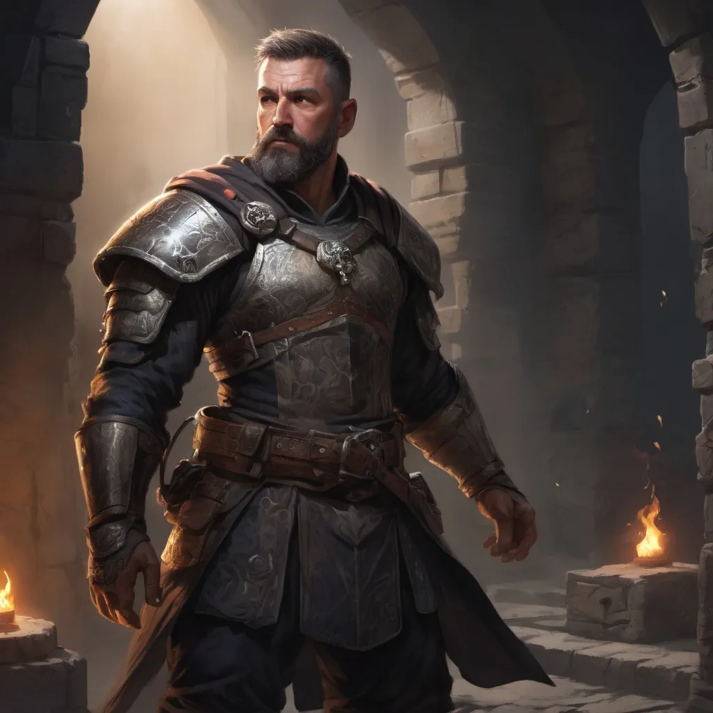 Prompt: Male stocky large mature warrior with short-cut hair and beard, exploring a dark astral cellar, pathfinder, d&d setting, realistic, enhanced shadow quality