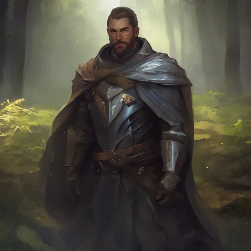 Prompt: (Full body) male stocky knight with short-cut hair and beard, in nature in the dark, cloak, pathfinder, d&d setting, in a realistic digital art style