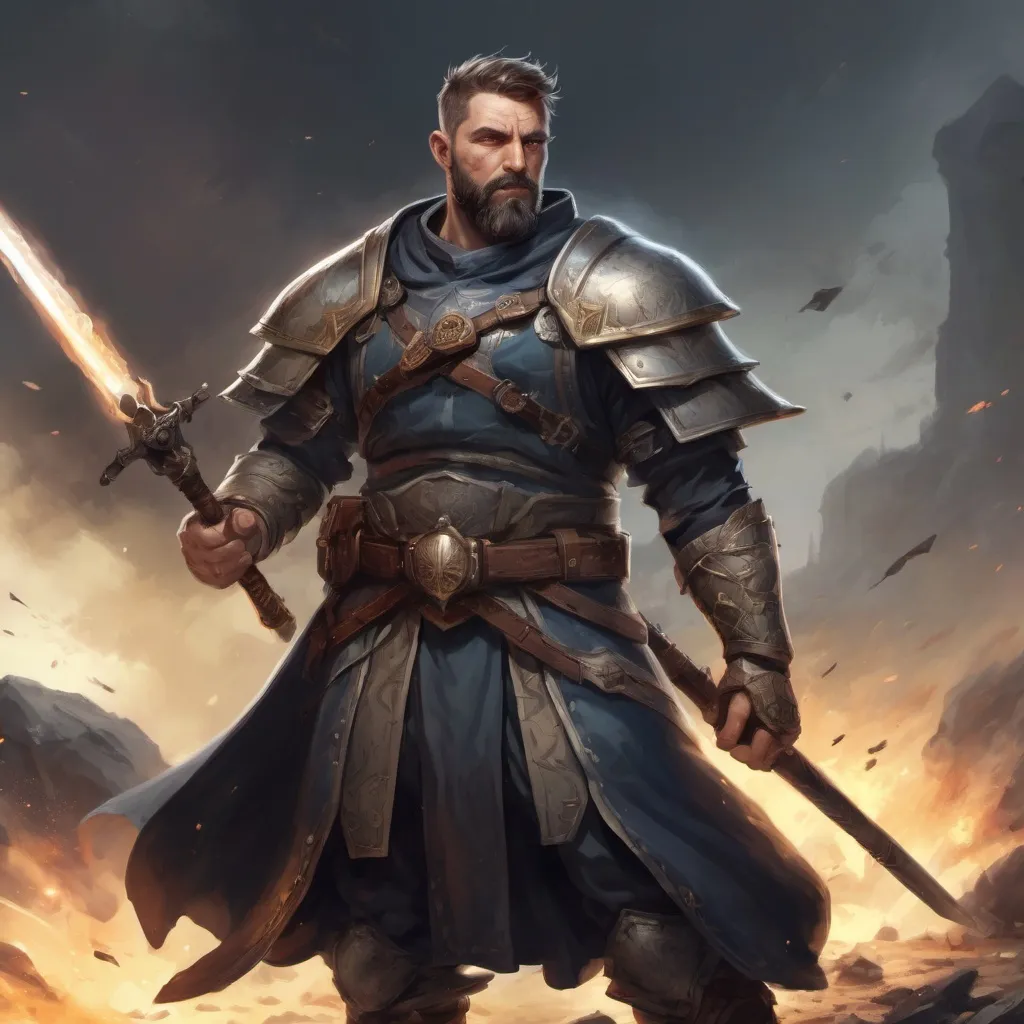 Prompt: Male stocky heavy-set mature magical Holy crusader with short-cut hair and beard, on a battlefield, in combat, holding a mace, pathfinder, d&d setting, in a realistic high quality digital art style, enhanced shadow quality