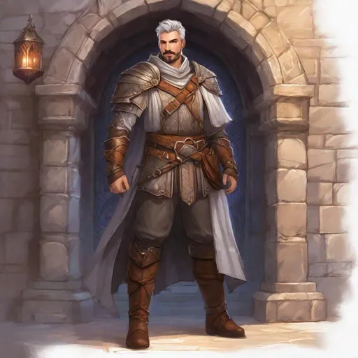 Prompt: (Full body) A hairy broad-chested large handsome male magus with short-cut grey hair a mustache and stubble, pathfinger,  light-armor, magic swirl, dungeons and dragons, hairy chest, brown boots, fantasy setting, coming out a large towngate late at night, in a painted style realistic art