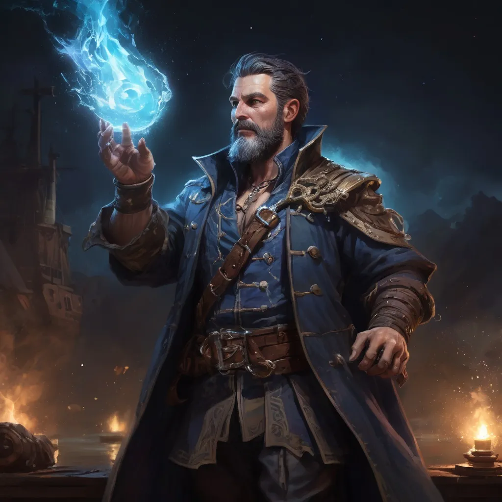 Prompt: male stocky heavy-built large pirate magus with short hair and beard, wearing magic coat, casting a water spell, on a ship by land at night, pathfinder, d&d setting, in a realistic high quality digital art style