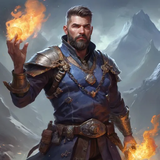 Prompt: Male stocky heavy-set mature fit large arcane-alchemist with short-cut hair and beard, on a battlefield, in combat, holding a frostbomb, pathfinder, d&d setting, realistic high quality, enhanced shadow quality, colorful