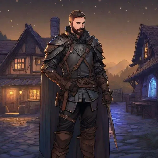 Prompt: (Full body) calvin harris as a ranger in leather armor, bearded, short hair, fantasy, standing outside a tavern at night, in a realistic digital art style