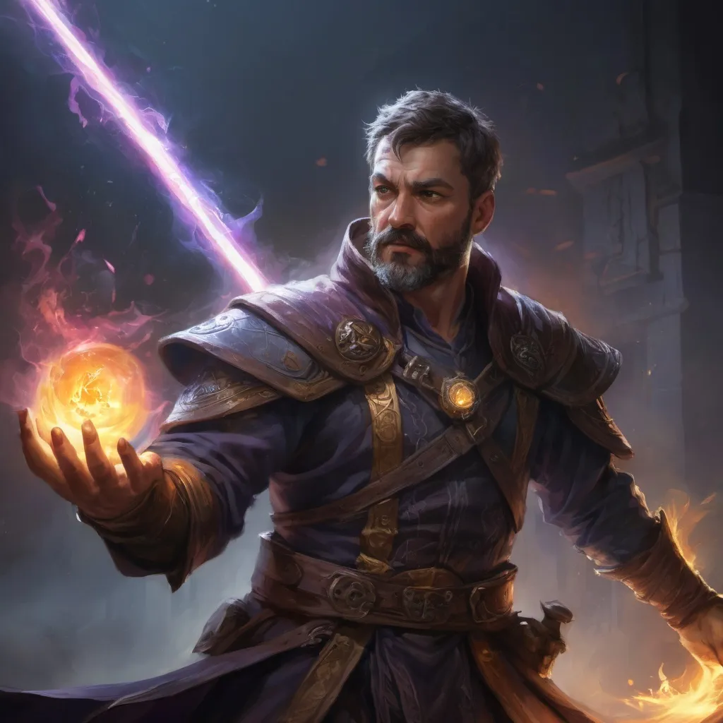 Prompt: Male stocky large mature fit battle-mage with short-cut hair and beard, engaged in combat casting a light-spell in a dark room, pathfinder, d&d setting, realistic, enhanced shadow quality, colourful
