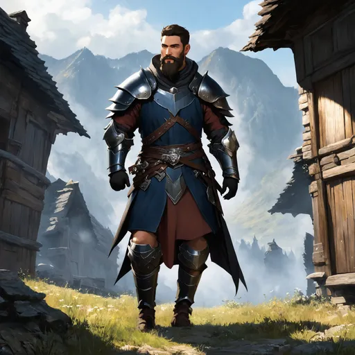 Prompt: (Full body) male rogue with short hair and beard, in rugged navy-blue armor, exploring a dark fantasy villiage by a mountain, pathfinder, d&d setting, in a detailed digital art style