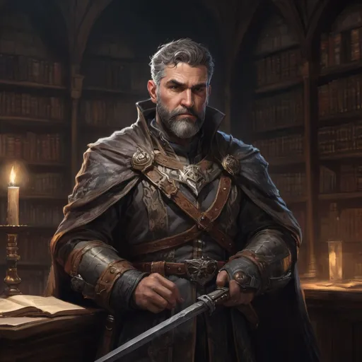 Prompt: Male stocky mature noble marksman, with short hair and beard, in a dark library in a castle, pathfinder, d&d setting, enhanced shadow quality,