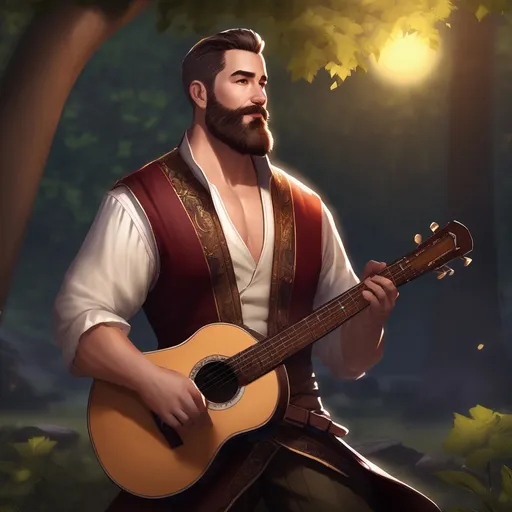 Prompt: (Full body) male stocky musical bard with short hair and beard, open shirt, in dark lit nature background, pathfinder, d&d setting, in a realistic digital art style