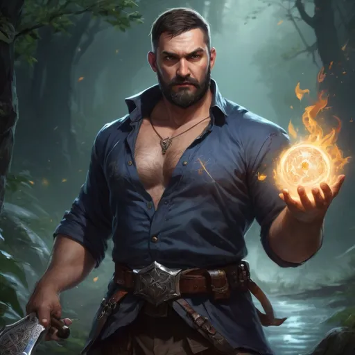 Prompt: Male stocky large fat templar with short-cut hair and beard, open shirt hairy chest, in combat casting a magic-ray out of hands in nature at night, pathfinder, d&d setting, in a realistic high quality digital art style, enhanced shadow quality, colorful