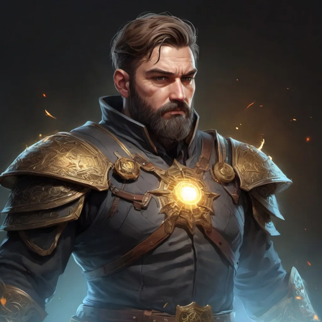 Prompt: Male stocky heavy-set mature illutionist with short-cut hair and beard, on a battlefield, in combat, casting a gold-spell, pathfinder, d&d setting, in a realistic high quality digital art style, enhanced shadow quality