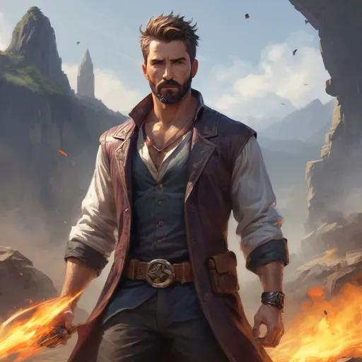 Prompt: (head and torso) Male heavy-set fit 35-year old hunky wizard with short-cut hair and beard, hairy chest (chest hair), open shirt, holding magic-spell in hand, on a windy battlefield, pathfinder, d&d setting, enhanced shadow quality