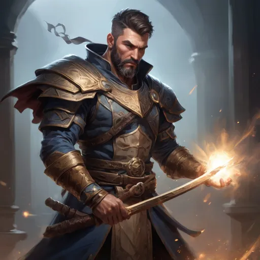 Prompt: Male stocky large mature fit muscular battle-mage with short-cut hair and beard, engaged in combat casting a light spell in a dark room, pathfinder, d&d setting, realistic high quality, enhanced shadow quality