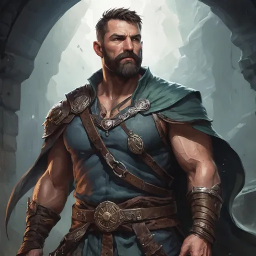 Prompt: (Torso) Male stocky large muscular 41-year old druid with short-cut hair and beard, engaged in combat casting a light-spell inside of a windy dungeon, pathfinder, d&d setting, realistic, enhanced shadow quality, colorful