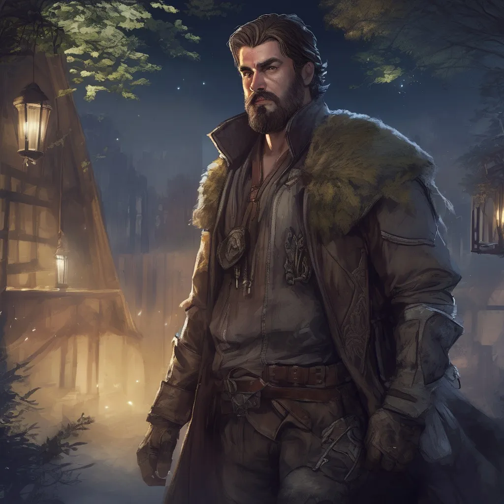 Prompt: (Full body) male stocky big-chested hairy-chested rogue bandit with short hair and beard, in nature at night, pathfinder, d&d setting, in a realistic digital art style