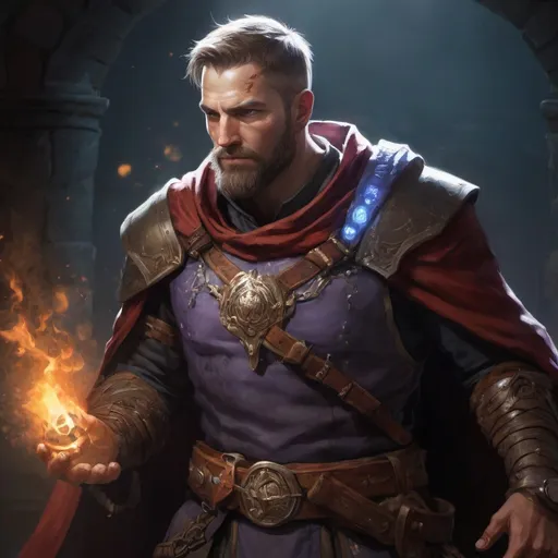 Prompt: (torso) Male stocky large danish handsome battle-mage with short-cut hair and beard, engaged in combat casting an arcane-spell inside of a dark dungeon, in movement, pathfinder, d&d setting, realistic, enhanced shadow quality, colorful