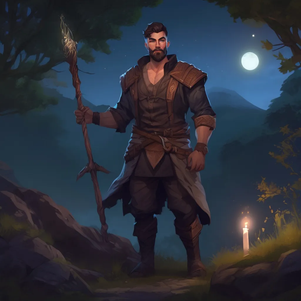 Prompt: (Full body) male muscular summoner with short hair and beard, in nature at night, pathfinder, d&d setting, in a realistic digital art style