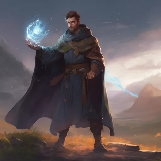 Prompt: (Full body) male stocky young magical sorcerer with short-cut hair and beard, casting a magical spell, in nature in the dark, cloak, pathfinder, d&d setting, in a realistic digital art style