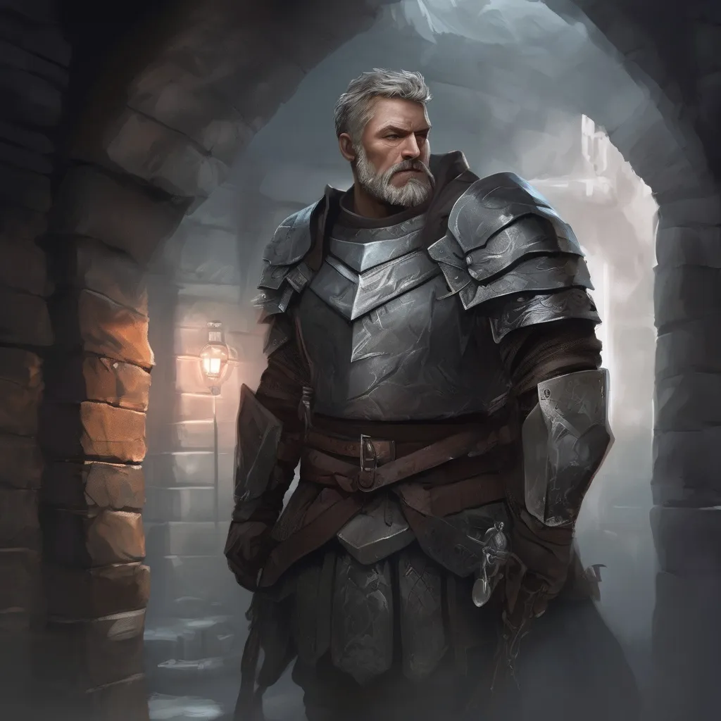 Prompt: (Full body) male stocky knight with grey short-cut hair and beard, in a dark underground dungeon temple, pathfinder, d&d setting, in a realistic digital art style