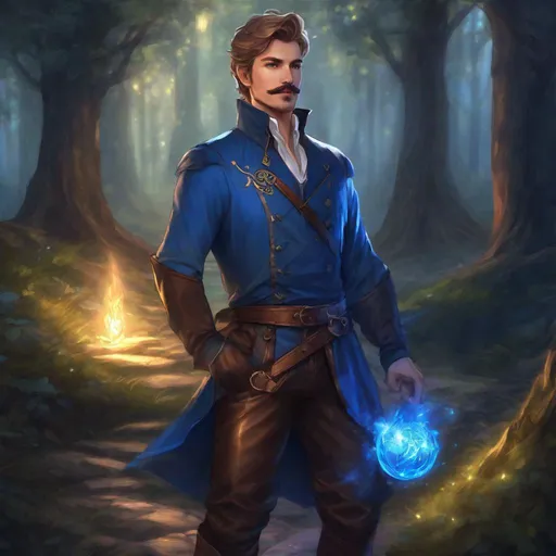Prompt: (Full body) A male blue mage with short cut hair with a mustache and stubble manly face, pathfinger, magic swirl, leather pants, holding magic, dungeons and dragons, brown boots, fantasy setting, standing in a forest glade at night, in a painted style realistic art