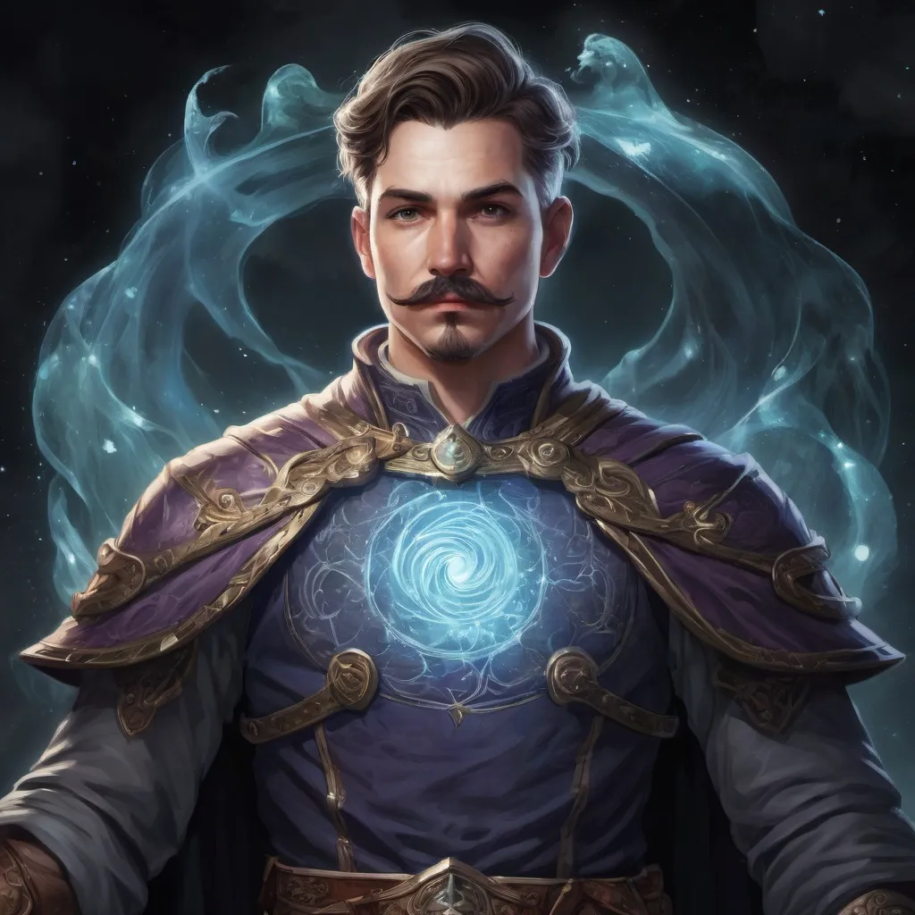 Prompt: male stocky large-built cleric with short-cut hair and a mustache, casting a swirly astral-spell, in nature at night pathfinder, d&d setting, in a realistic digital art style