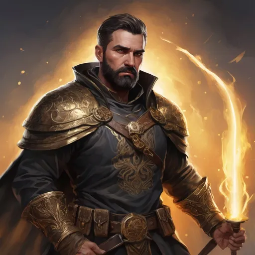 Prompt: Male stocky heavy-set mature illutionist with short-cut hair and beard, on a battlefield, in combat, casting a gold-spell, pathfinder, d&d setting, in a realistic high quality digital art style, enhanced shadow quality