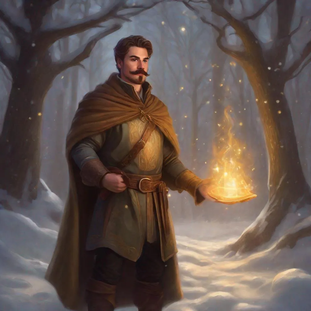 Prompt: (Full body) A male cleric with short cut hair with a mustache and stubble manly face, pathfinger, magic swirl, holding magic , dungeons and dragons, brown boots, fantasy setting, in a winter forest glade at night, in a painted style realistic art