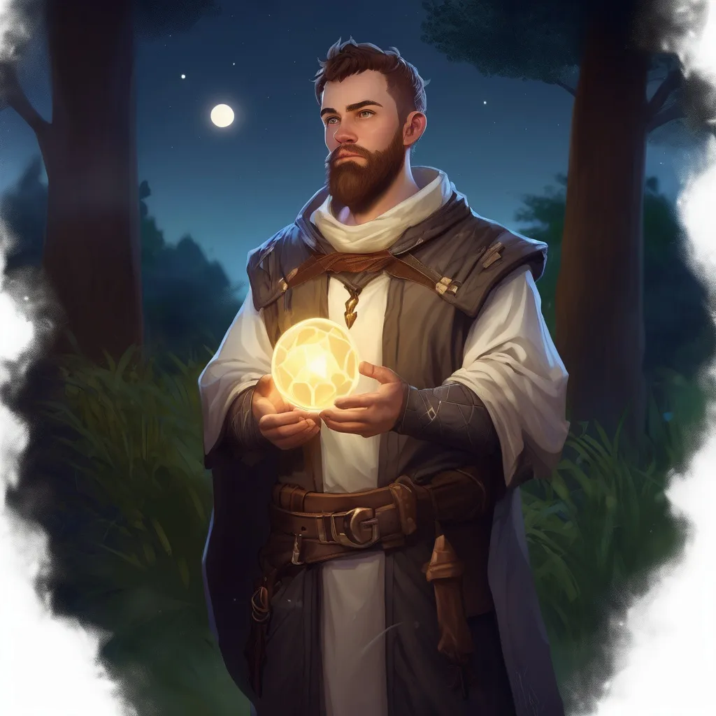 Prompt: (Full body) male magical stocky cleric with short hair and beard, in nature at night, pathfinder, d&d setting, in a realistic digital art style