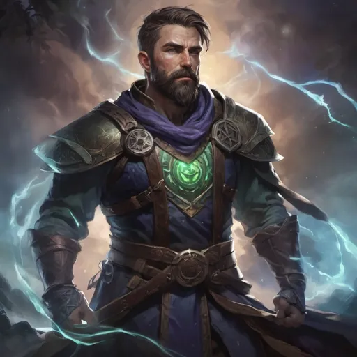 Prompt: (head and torso) Male heavy-set fit 30-year old hunky druid with short-cut hair and beard, holding magic-spell, in a windy nature at night, pathfinder, d&d setting, enhanced shadow quality