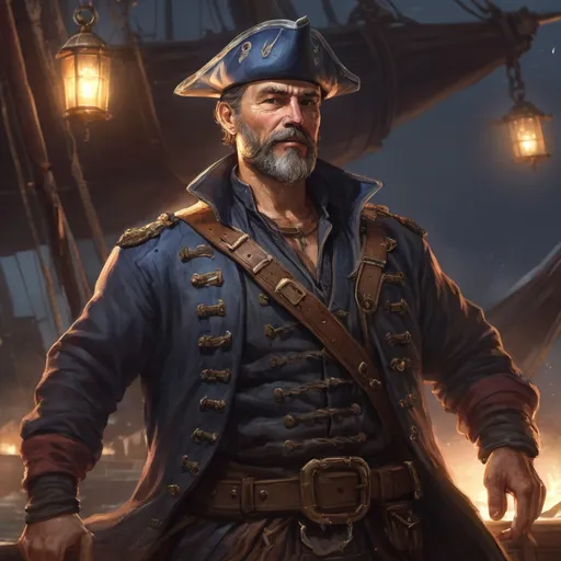 Prompt: male stocky heavy-built large fat mature pirate captain with short hair and beard, wearing magic coat, on a ship by land at night, pathfinder, d&d setting, in a realistic high quality digital art style