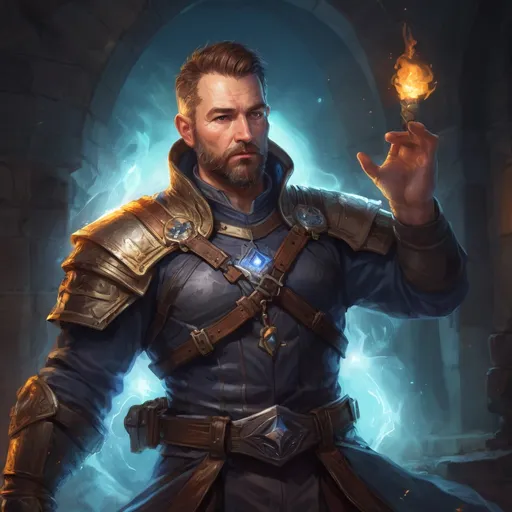 Prompt: (torso) Male stocky large mature cleric with short-cut hair and beard, engaged in combat casting a prismatic-spell inside a dungeon, pathfinder, d&d setting, in a realistic high quality digital art style, enhanced shadow quality