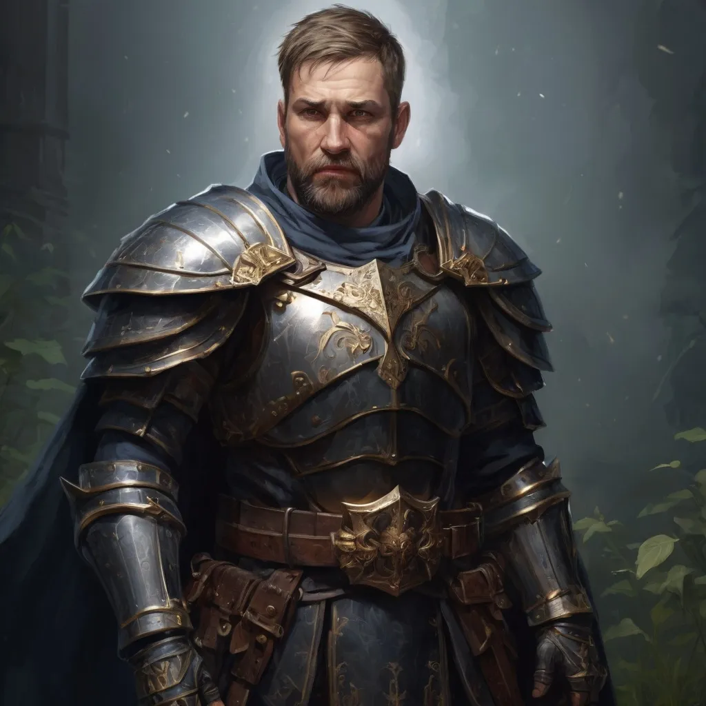 Prompt: (Full body) male stocky masculine mature royal knight with short hair and beard, hairy chest, in a dark field, pathfinder, d&d setting, in a realistic high quality digital art style