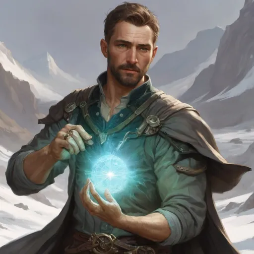 Prompt: (torso) Male stocky large fit 37-year old eidolon-summoner with short-cut hair and beard, casting a magic-ray out of hands in a windy path, pathfinder, d&d setting, in a realistic high quality digital art style, enhanced shadow quality, colorful ((norman rockwell))