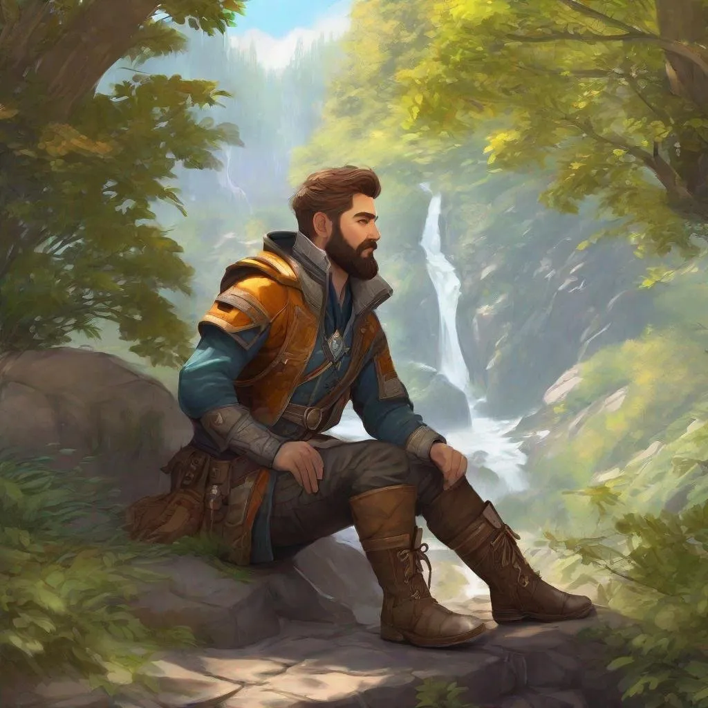 Prompt: A male artificer with short hair and beard, in nature, boots, pathfinder, in a detailed realistic digital art style