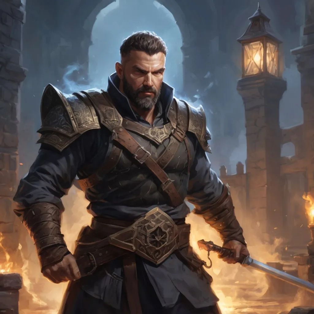 Prompt: Male stocky large mature fit muscular arcanist with short-cut hair and beard, engaged in combat casting a light spell in a castle courtyard at night, pathfinder, d&d setting, realistic, enhanced shadow quality